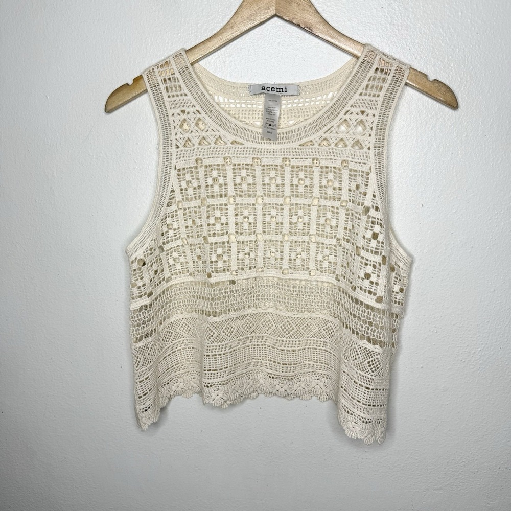 Acemi Cream Cotton Crochet Tank Top Boho Western Festival Women's Small